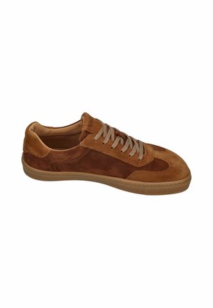 Brown suede low-top sneaker with tan laces, rubber sole, and padded collar, shown from the side on a white background.