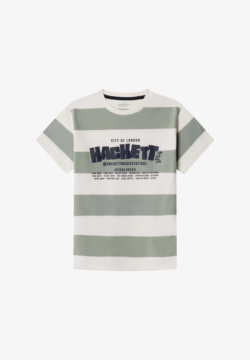 Stribet t-shirt i off-white og afdæmpet grøn, lavet af bomuld. Har rund hals og fed "HACKETT"-logo med eventdetaljer i mørkeblå.