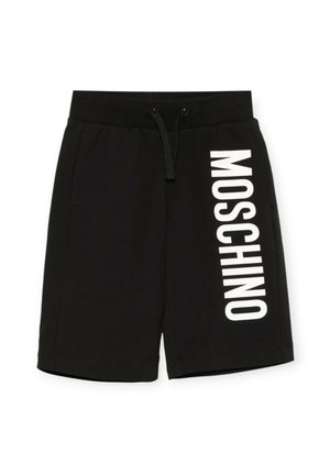 Pantaloni corti neri con elastico in vita, caratterizzati da una grande grafica bianca "MOSCHINO" lungo il lato. Realizzati in tessuto morbido con una texture liscia.