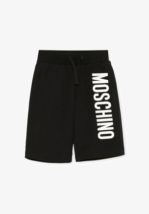 Pantaloni corti neri con elastico in vita, caratterizzati da una grande grafica bianca "MOSCHINO" lungo il lato. Realizzati in tessuto morbido con una texture liscia.