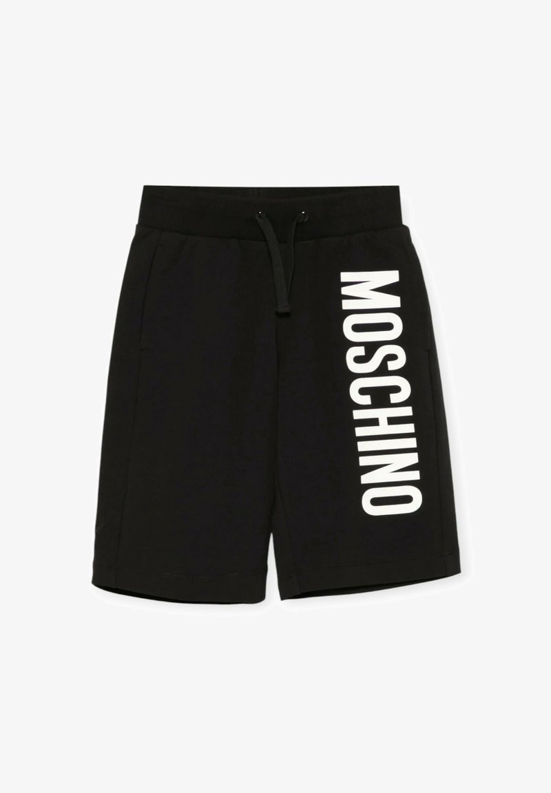 Pantaloni corti neri con elastico in vita, caratterizzati da una grande grafica bianca "MOSCHINO" lungo il lato. Realizzati in tessuto morbido con una texture liscia.