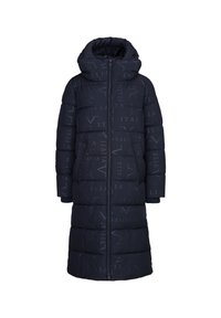 Navy pufferjas met een ritssluiting aan de voorkant, oversized capuchon en geribbelde manchetten. Heeft een geëmbosseerd patroon en een lange silhoeette voor extra warmte.