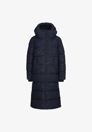 Marineblauer Puffer-Mantel mit Reißverschluss vorne, oversized Kapuze und gerippten Bündchen. Mit einem geprägten Muster und langer Silhouette für Wärme.