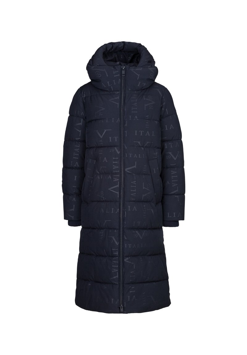 Navy pufferjas met een ritssluiting aan de voorkant, oversized capuchon en geribbelde manchetten. Heeft een geëmbosseerd patroon en een lange silhoeette voor extra warmte.