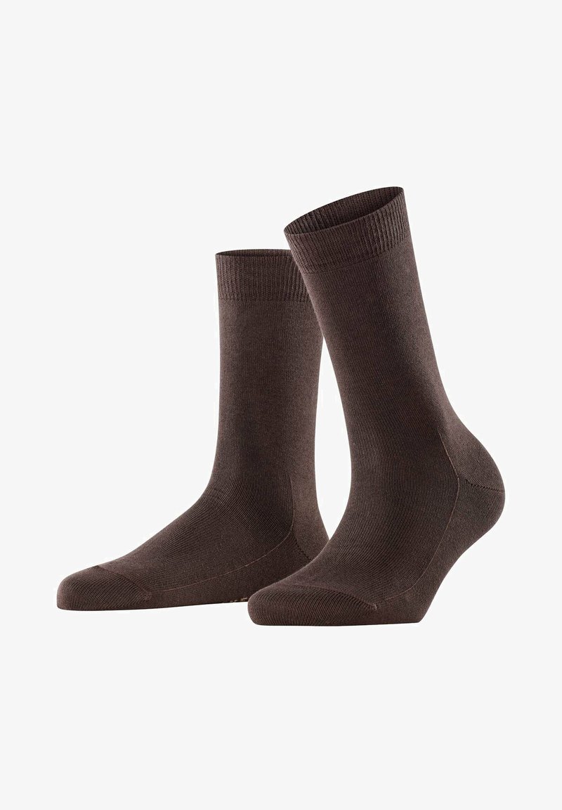 Brązowe bawełniane skarpetki z prążkowanym mankietem, gładką fakturą oraz wzmocnionym piętą i palcami. Wysokość do kostki, w jednolitym kolorze.