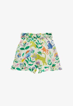 Børneshorts med elastisk talje og flæsekant, med farverige jungledyr og blomsterprint på hvid baggrund.