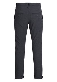 Mørkegrå skræddersyede bukser i tekstureret stof, slim fit, optrukne kanter, to baglommer med knapper og bæltestropper.