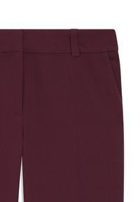 Burgundy trousers with a smooth texture, featuring a flat waistband, belt loops, and side pockets for functionality.