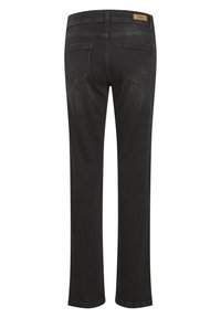 Jeans de denim preto com corte reto, apresentando um design clássico de cinco bolsos e um pequeno rótulo da marca na parte de trás da cintura.