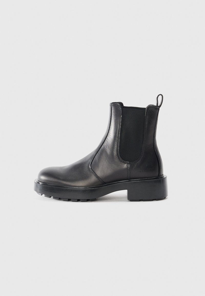 Black leather Chelsea boot with elastic side panels, rounded toe, chunky rubber sole, and a pull tab at the back.