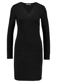 Černé šaty s dlouhým rukávem a výst řihem do V, které mají krajkovou výzdobu. Vyrobené z měkké, texturované látky, mají přiléhavý střih.
