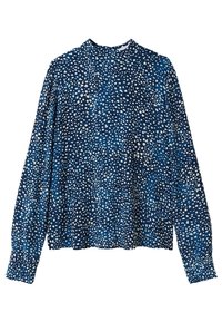 Blouse bleu à manches longues avec un col montant, ornée d'un motif de petits points blancs et d'une coupe décontractée. Tissu doux avec une légère texture.