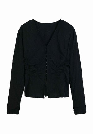 Black long-sleeve cardigan with a deep V-neck, textured fabric, front button closure, and gathered detailing on the sides.