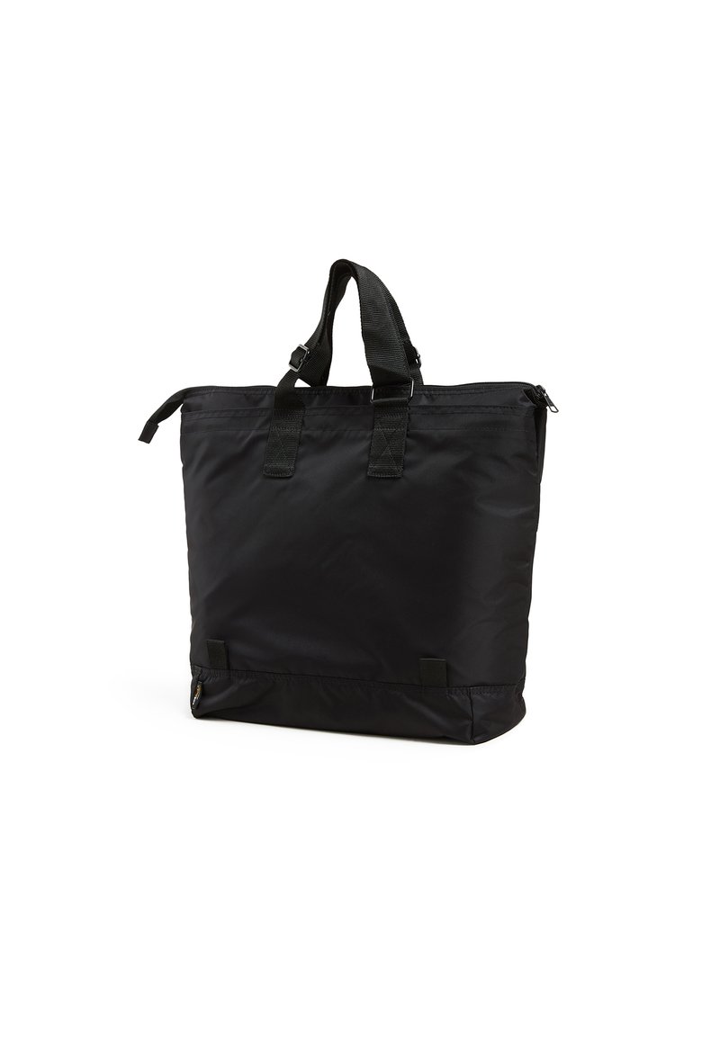 Czarna torba nylonowa z podwójnymi uchwytami, zamek błyskawiczny oraz z ustrukturalizowaną formą. Charakteryzuje się gładką teksturą i minimalistycznym wzornictwem.