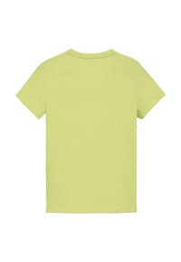 T-shirt a maniche corte in cotone verde chiaro, con collo rotondo e una texture liscia con dettagli di cucitura minimi. Vista posteriore.