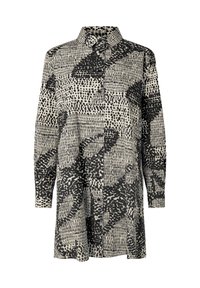 Kreidefarbene Hemdbluse mit abstraktem schwarzem Muster. Verfügt über lange Ärmel, einen Kragen und einen geraden Schnitt. Leichtes Material mit glatter Textur.