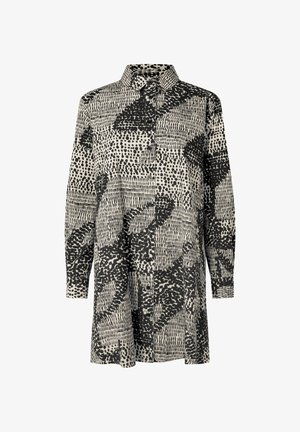 Kreidefarbene Hemdbluse mit abstraktem schwarzem Muster. Verfügt über lange Ärmel, einen Kragen und einen geraden Schnitt. Leichtes Material mit glatter Textur.