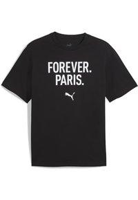 Sort bomulds T-shirt med korte ærmer, prydet med fed hvid tekst "FOREVER. PARIS." og et lille hvidt Puma-logo nederst.