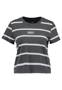 Tmavě šedé tričko s krátkým rukávem s bílými vodorovnými pruhy a logem "LEVI'S" uprostřed na hrudi.