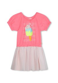 Różowa sukienka z krótkimi rękawami i plisowanym tiulowym dołem. Posiada grafikę lodów z wielokolorowymi akcentami na górze. Wykonana z miękkiego dzianinowego materiału.