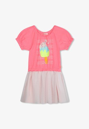 Różowa sukienka z krótkimi rękawami i plisowanym tiulowym dołem. Posiada grafikę lodów z wielokolorowymi akcentami na górze. Wykonana z miękkiego dzianinowego materiału.