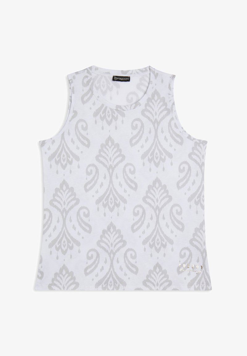 Top bianco senza maniche con un sottile motivo damascato grigio, caratterizzato da una scollatura rotonda e un piccolo accento logo metallico sull'orlo.