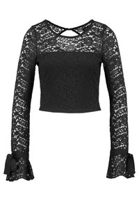 Top corto nero in pizzo, con maniche lunghe e svasate, motivo floreale e fiocchi sui polsini. Presenta un scollo rotondo e un'apertura sulla schiena.