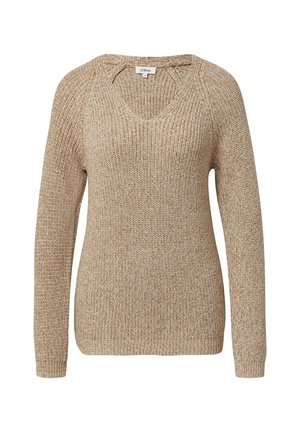 Beige gestrickter Pullover mit V-Ausschnitt, langen Ärmeln und lockerer Passform. Strukturierter Stoff mit einem leicht gesprenkelten Muster.