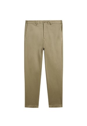 Chino khaki realizzati in tessuto misto cotone, con design a vita piatta, passanti per cintura, tasche laterali e una vestibilità slim.
