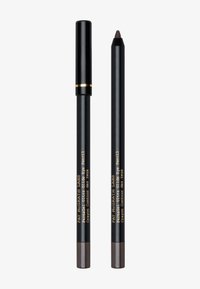 Schwarzer Augenstift mit mattem Finish und spitzer Spitze. Ausgestattet mit goldener Schrift auf dem Gehäuse, bedeckt mit einem passenden schwarzen Deckel.