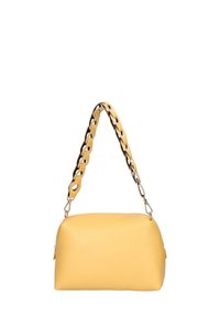 Borsa a tracolla in pelle gialla con forma arrotondata, caratterizzata da una tracolla a catena composta da anelli intrecciati gialli e neri. Texture liscia e chiusura con zip.