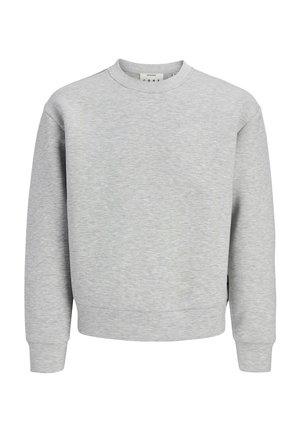 Sweat-shirt gris clair à col rond, manches longues, poignets côtelés et ourlet droit, présenté sur fond blanc.