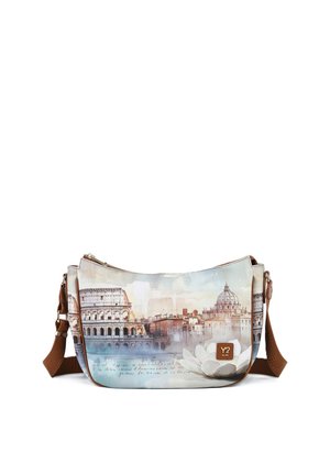 Borsa a tracolla con stampa artistica del Colosseo, della Basilica di San Pietro, fiore bianco e tracolla marrone regolabile.