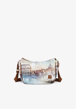 Borsa a tracolla con stampa artistica del Colosseo, della Basilica di San Pietro, fiore bianco e tracolla marrone regolabile.