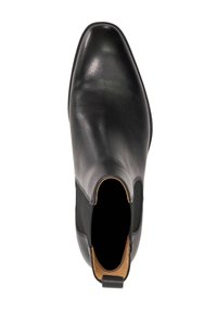Black leather Chelsea boot with a pointed toe, elastic side panels, and a pull tab. Interior features a tan lining, smooth texture.