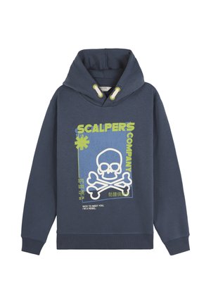 Sudadera con capucha de color azul marino hecha de algodón. Presenta un gráfico de calavera en blanco, con texto y acentos en verde y amarillo. Puños acanalados.