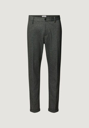 Pantalons noirs gris foncé, ajustés, avec un tissu texturé, coupe droite, poches avant, fermeture à un bouton, et ourlets finis.