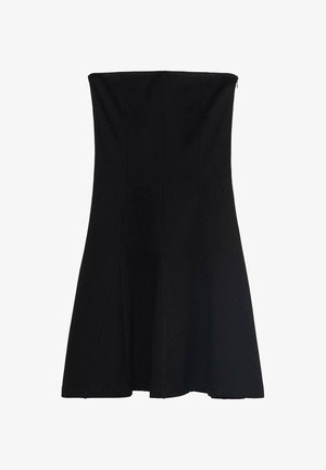 Schwarzes schulterfreies Kleid mit einem taillierten Oberteil, das am Saum ausgestellt ist. Glattes Material mit Abnähern für die Form und einem versteckten Reißverschluss auf der Rückseite.