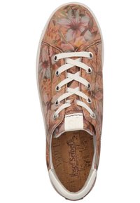 Floral-patterned sneaker in muted pink and beige tones with white laces. Features a cushioned cork insole and textured surface.