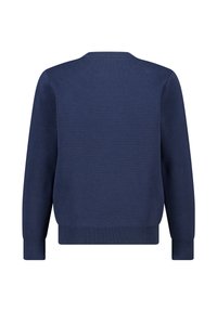 Tummansininen neulepaita, jossa on pyöreä kaula-aukko, ribbaatut hihansuut ja helma. Valmistettu pehmeästä neuloksesta, ja siinä on yksinkertainen muotoilu ilman kuvioita.