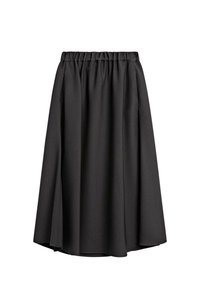 Gonna nera midi realizzata in tessuto leggero e fluido, con vita elasticizzata e una leggera silhouette a A. Nessun motivo o accento visibile.