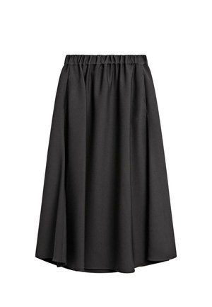Sort midi-nederdel lavet af let, flydende stof med elastisk talje og let A-formet silhuet. Ingen synlige mønstre eller accenter.