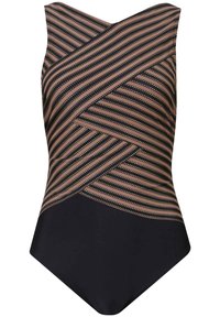 Maillot de bain noir avec un design géométrique présentant des rayures diagonales en beige et des accents dorés. Fabriqué à partir d'un matériau lisse et extensible.