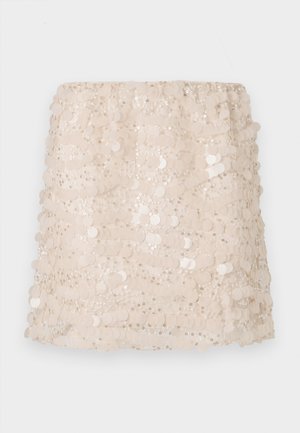 Fustă mini bej cu paiete, cu un design stratificat, având paiete circulare și un brâu elastic moale pentru confort și potrivire.