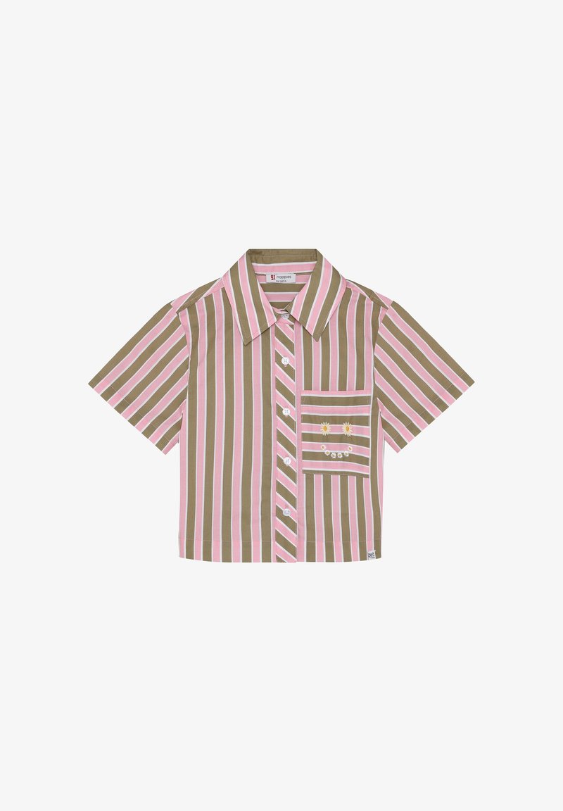 Chemisier court à manches courtes avec des rayures horizontales rose et vert olive. Comprend une poche avant et des marguerites brodées sur la poche.