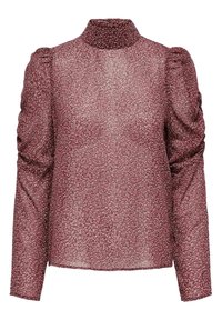 Langærmet bluse i maroon gennemsigtigt stof med blomsterprint. Har høj krave og samlet detaljer ved skuldrene.