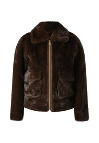 Giacca in finta pelliccia marrone con colletto, zip frontale e due tasche anteriori. Texture morbida e aspetto soffice, che offre calore e comfort.