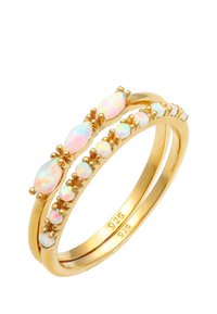 Sæt af guld ringe med to ringe. Den ene ring har ovale og runde opalsten, mens den anden har et enkelt glat design. Stemplet 925.
