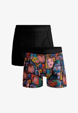 Boxer shorts: one solid black, the other multicolored with comic-style graphics. Both feature a black waistband with "MUCHACHOMALO" logo.