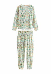 Completo pigiama con motivo floreale in tessuto morbido. Maglietta a maniche lunghe con colletto rotondo e pantaloni con cinturino elasticizzato. Colori chiari con vari design.